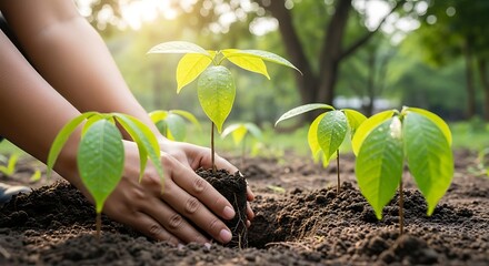 A person's hands gently place a seedling into the soil, with other young plants nearby, under sunlight. The background is a blurred forest