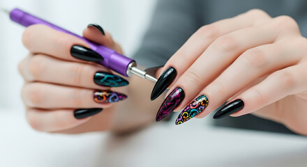 Woman's hands with black and patterned stiletto nails holding purple nail tool