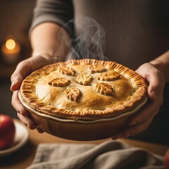 A person's hands tenderly hold a golden-brown, steaming pie with leaf-shaped crust decorations, next to a blurry apple