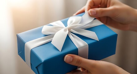 A person's hands tenderly unveil a vibrant blue gift box tied with a pristine white satin ribbon, hinting at the joy of giving