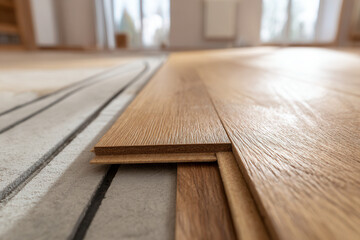 Installation of engineered wood flooring showcasing the layered construction and precise fitting of planks on a prepared subfloor with heating cables visible beneath