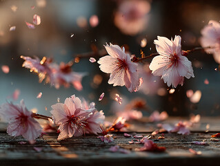 a close-up of a blossoming branch with pink flowers, some of which are in the process of falling onto a wooden surface. The background is blurred, emphasizing the flowers and the falling petals.