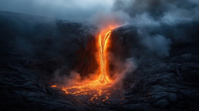 A dramatic scene showcases molten lava flowing down a rugged terrain, representing the raw and powerful forces of nature while capturing the essence of volcanic activity and earth’s dynamic beauty.