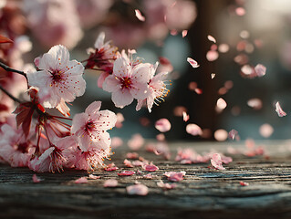 a close-up of a blossoming branch with pink flowers, some of which are in the process of falling onto a wooden surface. The background is blurred, emphasizing the flowers and the falling petals.