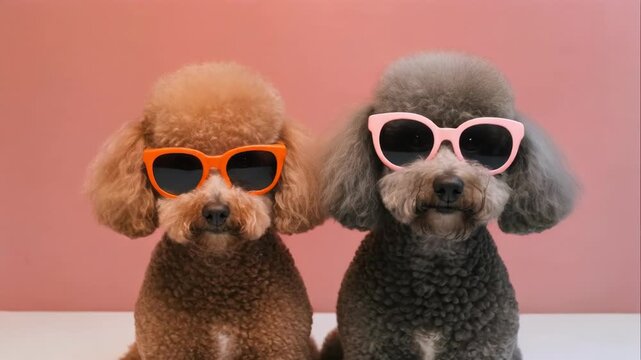 Two cute poodle dogs wearing trendy sunglasses against a pink background in a studio shot portrait, domestic animal and eyewear fashion