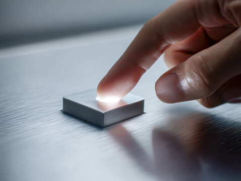 Human finger interacting with a modern illuminated sensor button on a sleek metallic surface showcasing futuristic technology and user interface design concepts