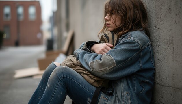 A sad homeless young person sitting alone on a city street. Vulnerable youth facing poverty and hardship. Social issues and homelessness concept