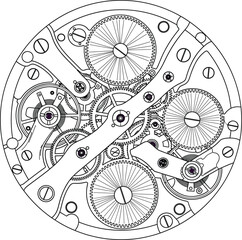 Detailed mechanical watch movement vector line art, intricate clockwork mechanism, gears, springs, and bridges, precision engineering, and internal machine illustration
