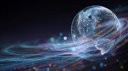 digital transformation concept with holographic globe and data flow