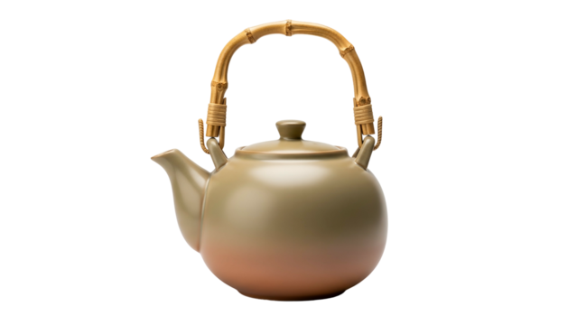 A minimalist olive-green ceramic teapot with a bamboo handle against a black backdrop
