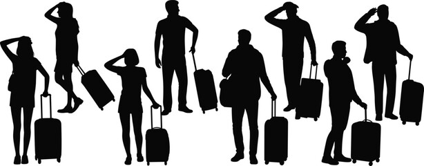 Silhouettes of travelers standing with rolling suitcases, people waiting with luggage, travel concept illustration, modern tourist figures