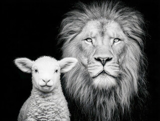 Fototapeta premium Black and white portrait of a majestic lion and a curious lamb side by side on a dark background capturing contrast between strength and innocence