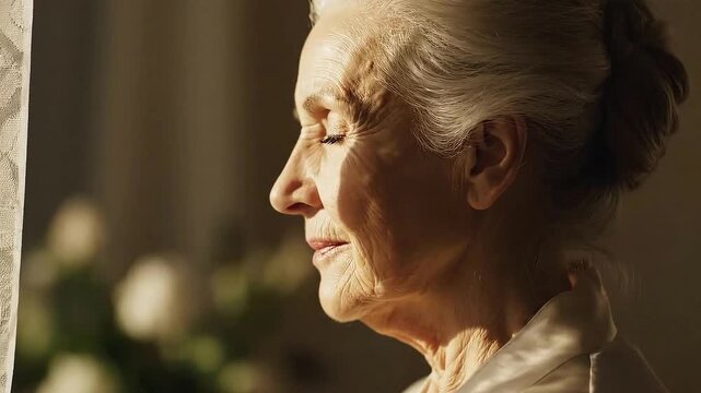 Elderly Woman's Profile Gazing Out Window with Sunlight Patterns and Lace Curtain Soft Light Illuminated Serene Expression Peaceful Contemplation