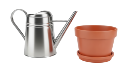 Shiny metal watering can stands beside an empty terracotta planter with a saucer