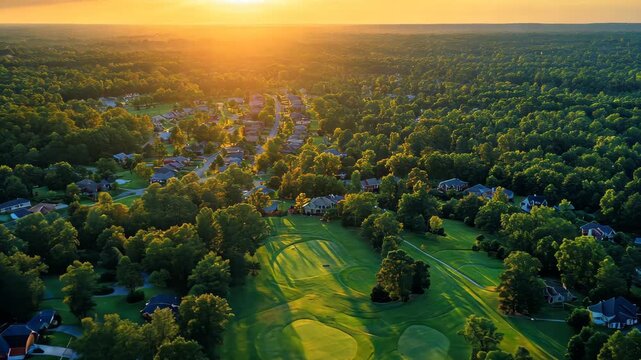 Aerial view of a golf course and neighborhood in Georgia during a summer sunrise over lush trees