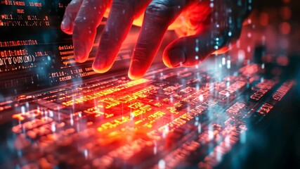 Hacker typing code on glowing keyboard at night; data analysis and information security technology concept - Powered by Adobe