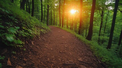 Obraz premium Sunlit Pathway in Lush Forest with Dappled Light and Greenery