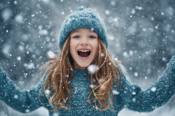 Naklejka premium Girl's Delight: First Snowfall Excitement in Winter Wear