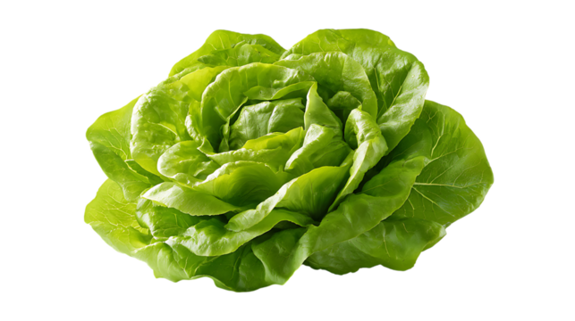 Fresh butter lettuce head with vibrant cupped light green leaves shown from a slight overhead angle.