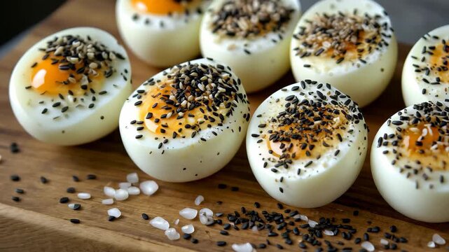 Deviled eggs garnished with black sesame seeds and salt, arranged on a wooden cutting board on a sunny day