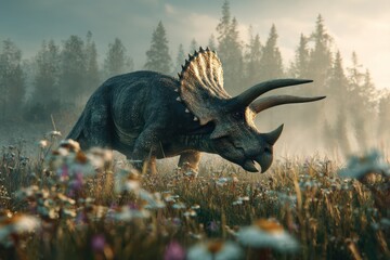 Huge Triceratops Dinosaur Grazing in Sunlight on the Grass