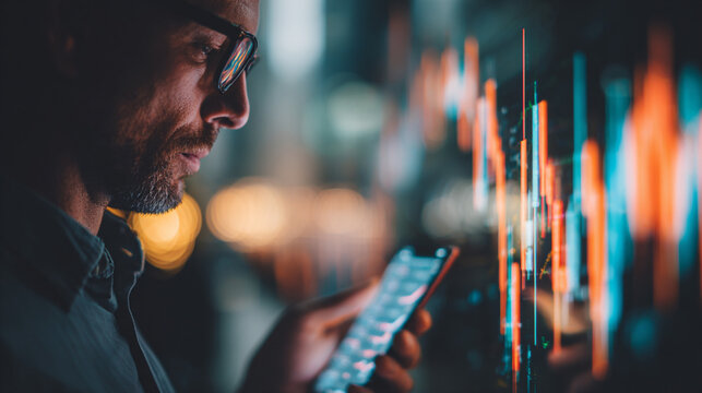 man using smartphone to monitor cryptocurrency market