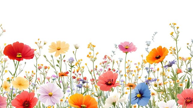 Vibrant border illustration showcases an array of colorful wildflowers blooming across the lower edge against a clean white background.