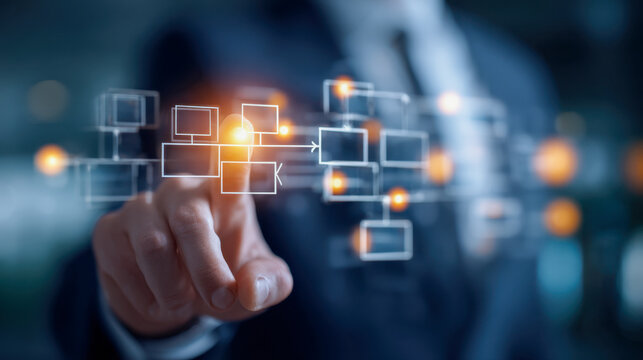 Businessman interacting with digital flowchart interface depicting data connections and organizational processes in a futuristic technology environment