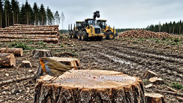 Robin on a tree stump amid clear-cut forest, logging equipment and logs in the background, overcast sky