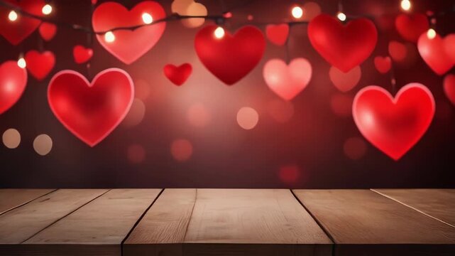 Romantic scene featuring a wooden table backdrop and string lights with red heart shapes for Valentine's Day and love themes