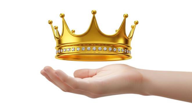 Golden crown floating above open hand isolated on transparent background