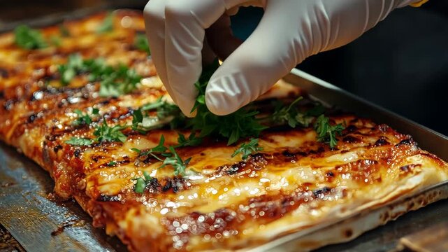 Chef in gloves decorates prepared sweet pastry with parsley and thyme at a restaurant kitchen, close up shot