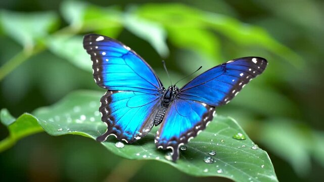 Beautiful blue morpho butterfly sitting on a wet green leaf slowly closing its vibrant. Iridescent wings. Revealing the brown underside with its distinctive eyespots in a lush rainforest environment