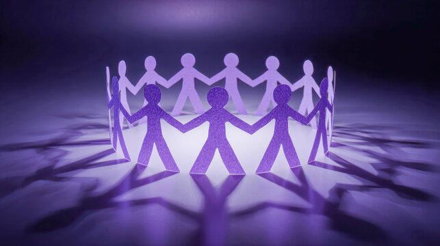 Purple paper cutout figures holding hands in a circle with dramatic shadows on a reflective surface symbolizing unity and teamwork under focused lighting