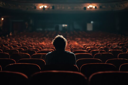 Engaged Viewer: Man Watching a Film in a Large Theater