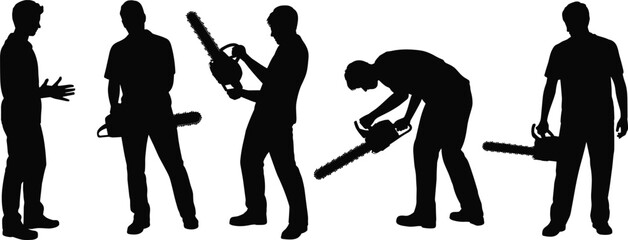 Silhouettes of men holding and operating chainsaws, worker tool poses illustration, forestry equipment concept, cutting action graphic