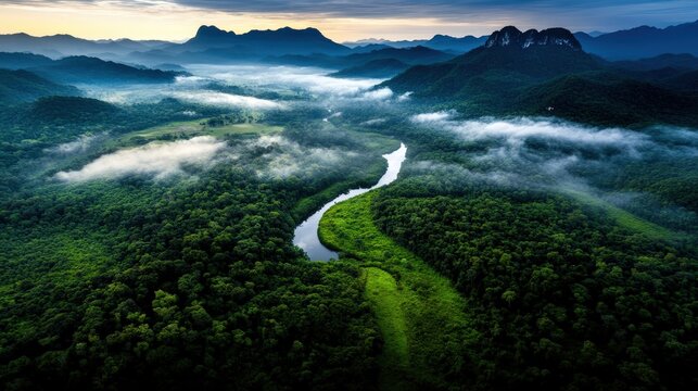 A stunning aerial view features a vibrant green valley, meandering river, and mist swirling over the landscape, illuminated by the soft glow of sunrise in a peaceful natural setting.