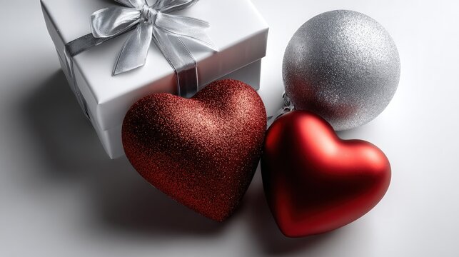 Shiny red hearts and a silver wrapped present sit near a glittering spherical ornament - Powered by Adobe