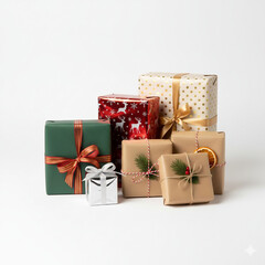 A collection of neatly wrapped gift boxes in various colors and patterns, arranged together with simple festive accents