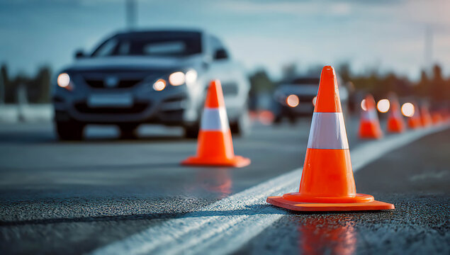 Traffic cones placed on a road during construction at sunset near vehicles driving by Generative AI