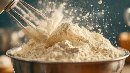 Flour flying from a mixing bowl during baking preparation in a cozy kitchen Generative AI