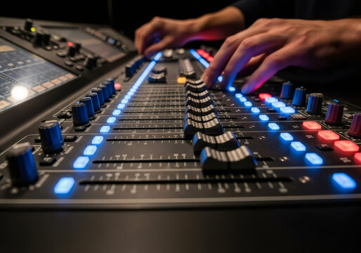 Audio engineer working on sound mixer with glowing faders and buttons. Professional studio equipment for live music and events.
