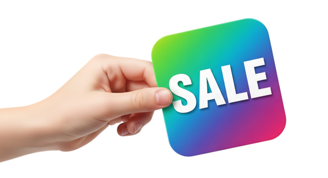 Hand holding colorful sale tag isolated on transparent background