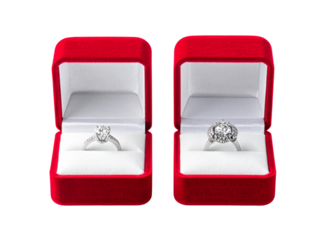 Diamond Ring in Elegant Red Velvet Jewelry Box isolated on transparent background