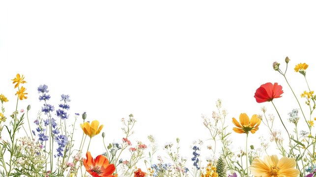 Assortment of vibrant wildflowers creates a delicate border along the bottom edge against a stark white background.