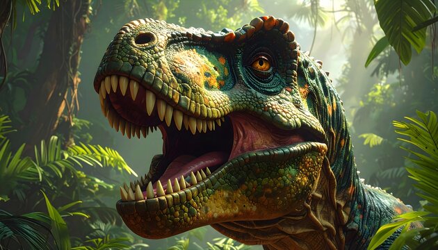 Portrait eines Majest&auml;tischer Tyrannosaurus Rex, in &uuml;ppiger pr&auml;historischer Dschungelumgebung