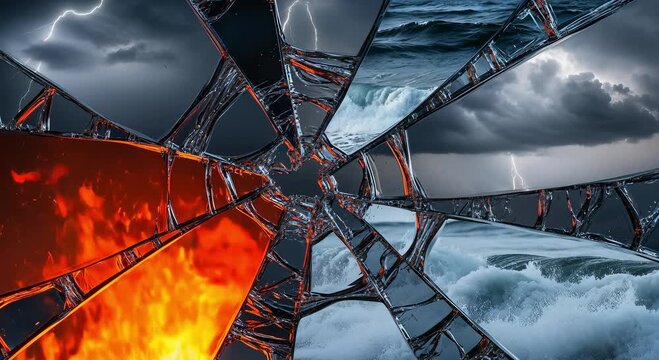 Abstract representation of natural disasters featuring broken glass segments. Elements include fire, stormy waves, and dark clouds, symbolizing climate extremes and emotional turmoil.