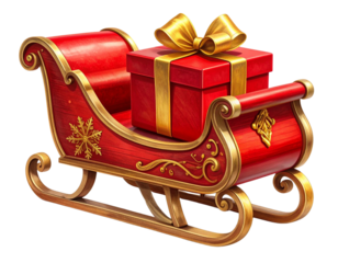 Holiday Santa-Style Sleigh with Glossy Wrapped Gift Box, Isolated