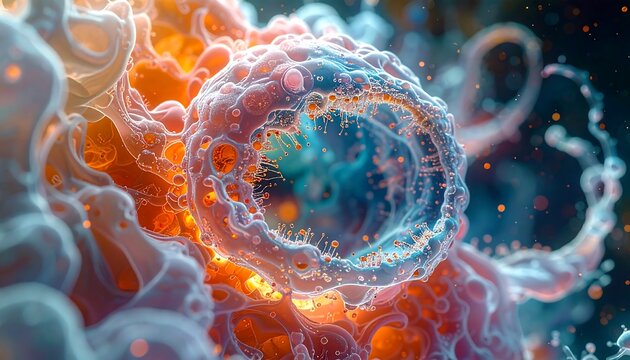 Detailed microscopic view of cells showing complex structures and interactions