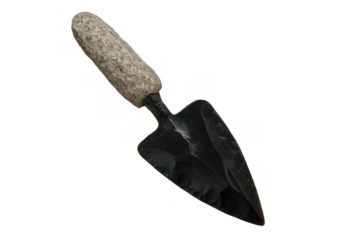 Hand digging tool featuring an obsidian blade and stone handle, representing ancient craftsmanship and primitive technology